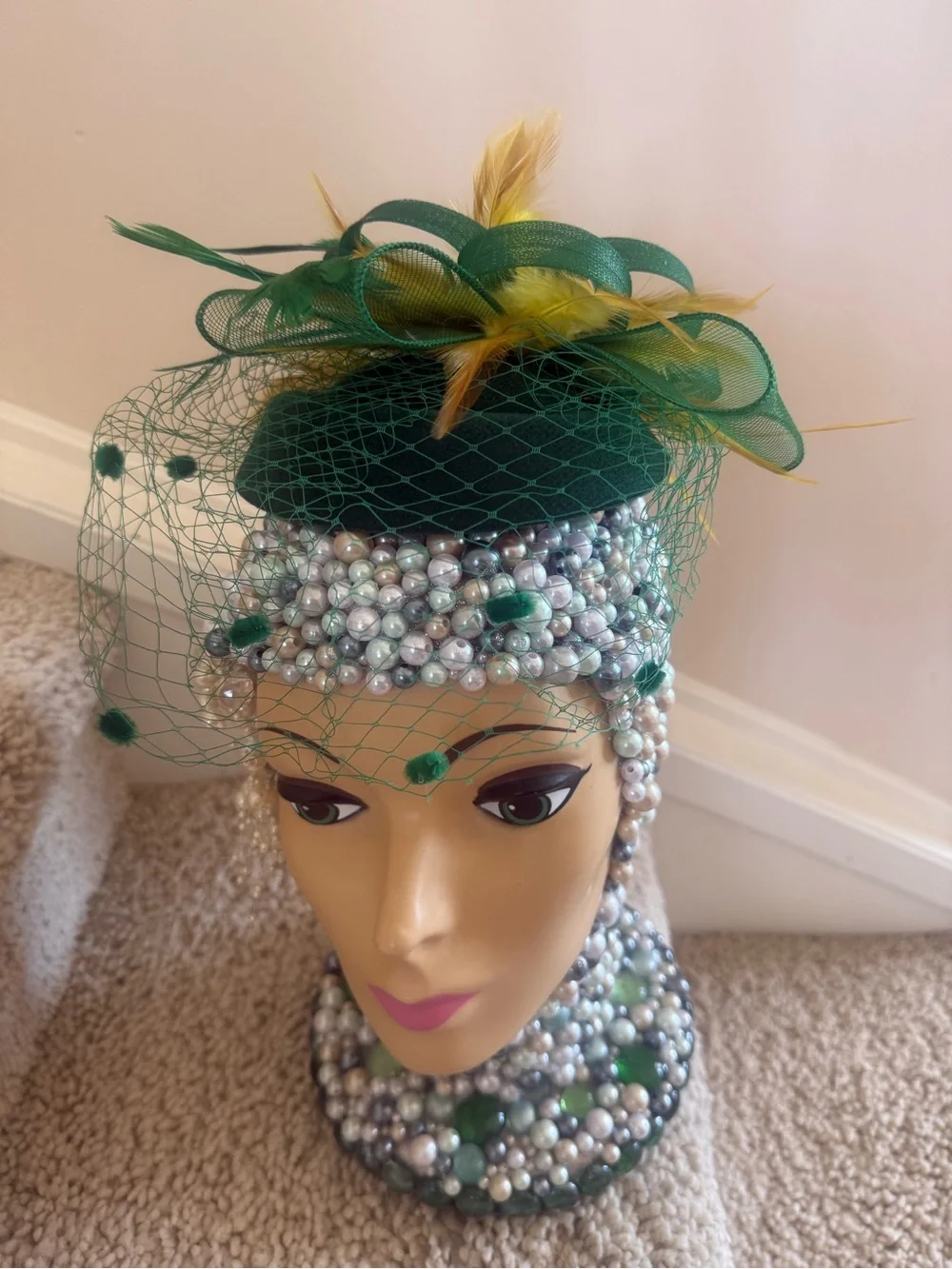 Green Feathered Veiled Pillbox Hat Fascinator